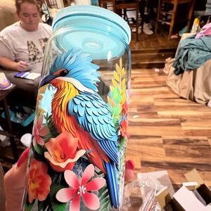 Colorful Bird and Floral Glass Jar